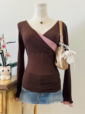 Brown Polka Dot Wrap-Style Long Sleeve Top with Pink Trim